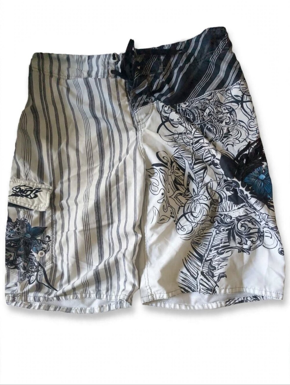Men's Board Shorts Swim TrunksXXL 36 White Black Striped Floral Tattoo Y2K Surf